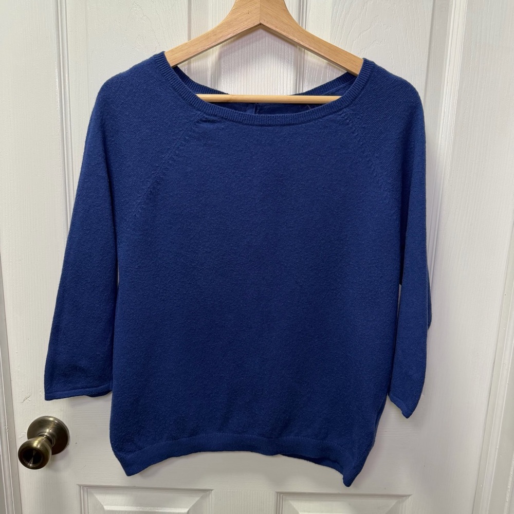 Boden Navy Cotton-Cashmere Blend, Button Back 3/4 Sleeve Sweater, Small, US 4